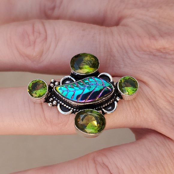 New Carved Rainbow Hematite and Peridot 925 Silver Ring. - Picture 3 of 6